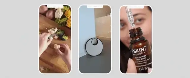 Trois vidéos verticales de style UGC sur smartphone : des légumes coupés en cuisine, un robot aspirateur dans une maison et un sérum pour le visage avec compte-gouttes