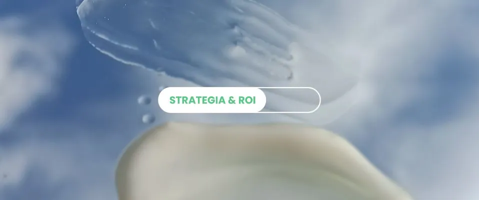 Copertina con l'etichetta «Strategia & ROI» su una texture di crema cosmetica in primo piano