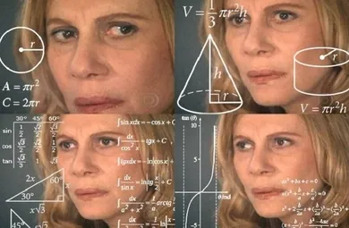 Meme di una donna dall'espressione perplessa, ripetuta in quattro riquadri e circondata da formule matematiche e figure geometriche