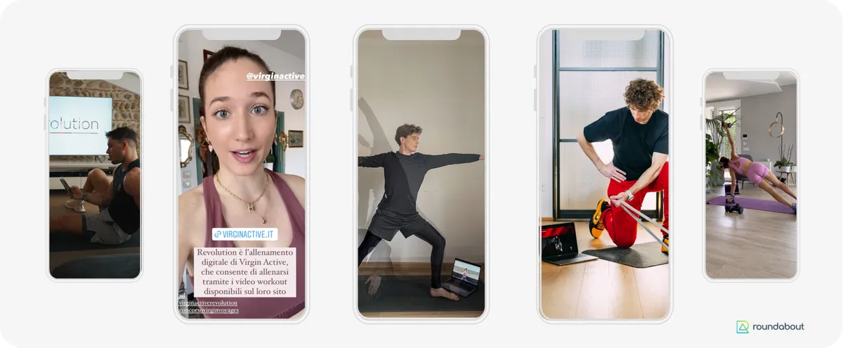 Cinq contenus de créateurs pour Virgin Active : des entraînements à la maison avec Revolution, du yoga et des exercices, et une Story qui renvoie vers virginactive.it